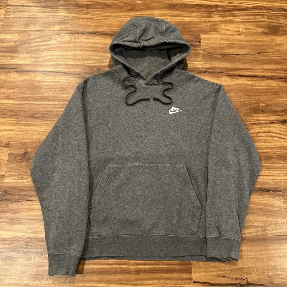 Nike Hoodie Mens Medium Gray Fleece Pullover Sweatshirt Swoosh Logo Kangaroo
